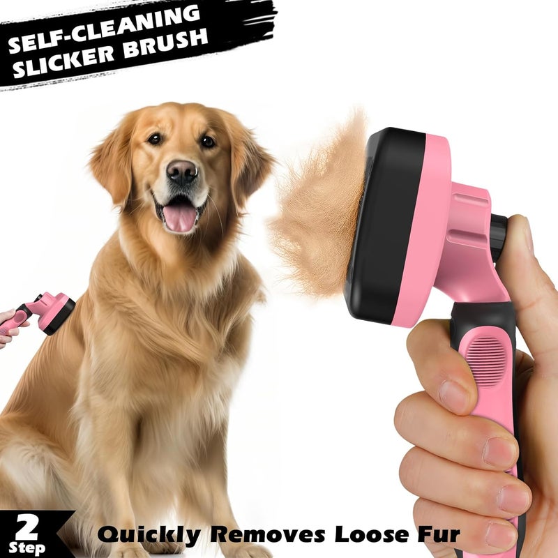Augwind 3PCS Self Cleaning Slicker Brush & Pet Grooming Rake & Flea Comb for Dogs,Cats and Horses | Double-Sided Dematting Comb & Skin Friendly Deshedding Grooming Tool | Pet Supplies (Light Pink Black) - Image 4
